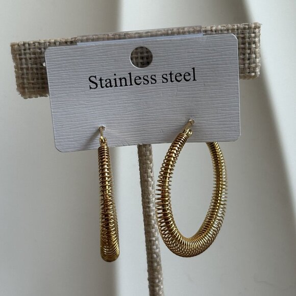 NEW Oceanus Gold Stainless Steel Hoop Earrings Coiled Wire Round Spiral Design - Picture 6 of 10